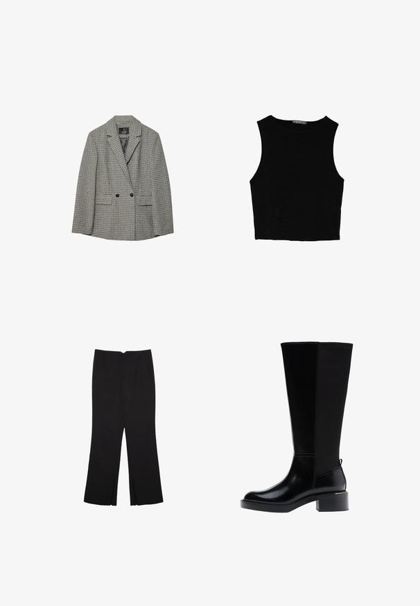Houndstooth patterned blazer in black and white, lightweight fabric, double-breasted design, peaked lapels, and two front pockets.; Black sleeveless crop top made of smooth fabric, featuring a round neck and a clean, simple design without patterns or hardware.; Black trousers with a straight fit, featuring front pockets and side slits at the hem. Made of soft, smooth fabric. Suitable for various occasions.; Black knee-high boot with a smooth leather finish, prominent stitching, a chunky heel, and a textured back panel for added interest.