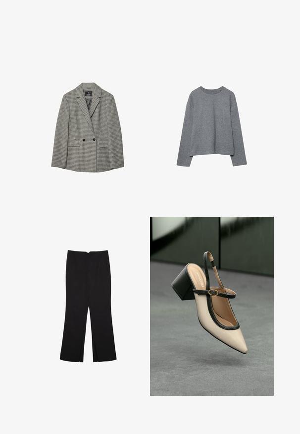Blazer med hundetand mønster i sort og hvid, letvægtsstof, dobbeltknappet design, spidse klapper og to forlommer.; Grå cropped sweater lavet af blødt strikket stof, med ribbet crew-neck og lange ærmer, i en afslappet pasform og minimal detaljering.; Sorte bukser med lige pasform, der har frontlommer og slidser i kanten. Lavet af blødt, glat stof. Velegnet til forskellige anledninger.; Beige spids tå slingback sko med sort kant, guld spænde og en chunky blokhæl på grå gulv med mørkegrøn baggrund.