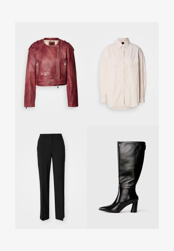 Casaco de couro curto em bordeaux profundo com decote redondo e corte cropped. Apresenta fechos éclair, uma cintura com cinto e forro acolchoado.; Camisa de botão riscada em tons de bege claro e creme, corte descontraído, mangas longas e dois bolsos no peito com aba.; Calças pretas de corte ajustado com um design de perna reta, apresentando uma textura lisa e pregas bem definidas na frente. Sem hardware visível.; Bota de couro preta até o joelho com bico fino, textura lisa e salto robusto. Possui um fecho de zíper na parte traseira.