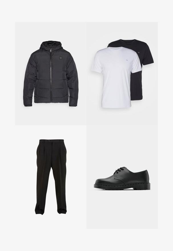 Crna puf jakna s kapuljačom, koja ima prednji zatvarač i dva bočna džepa, ukrašena malom oznakom na prsima.; Dva pamučna majice, bijela i crna, kratkih rukava s okruglim izrezom, s malim logotipom na prsima, glatke teksture.; Crne hlače od glatke tkanine, s prednjim nabora, pojasom sa gumbom i sužavajucim donjim dijelovima. Klasična krojena silueta.; Crne kožne oxford cipele s vezivanjem, zaobljenim vrhom, ravnim gumenim potplatom i suptilnim detaljima šivanja duž gornjeg dela.