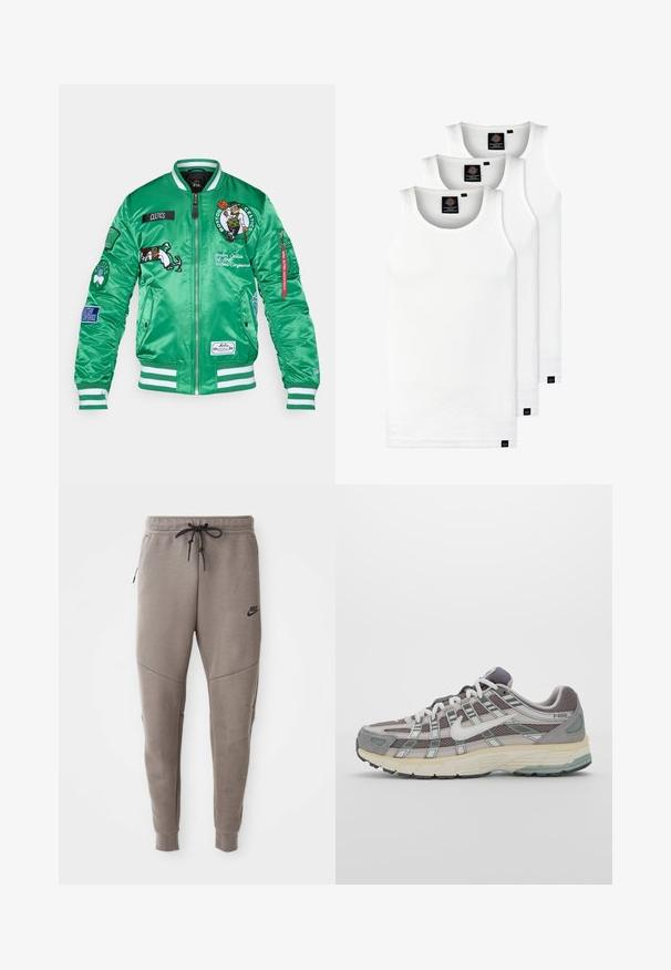Chaquetón bomber verde de satén con logotipos de los Boston Celtics, acentos bordados, puños y dobladillo a rayas, y múltiples parches en las mangas.; Tres camisetas sin mangas de algodón de color blanco con canalé. Cuentan con cuello redondo y pequeñas etiquetas negras cerca del dobladillo. Disponibles en múltiples tamaños.; Pantalones de chándal grises de Nike con cintura ajustable, piernas ajustadas, bolsillos laterales y costuras distintivas. Tejido suave y texturizado.; Zapatilla deportiva gris con parte superior de malla y ante, acentos blancos, suela acolchada y un diseño distintivo con elementos reflectantes.