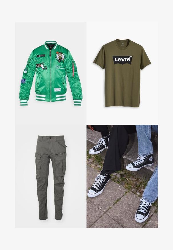 Roheline satiinist bomber-jakk, millel on Boston Celticsi logo, tikandid, triibulised varrukad ja hem ning mitmed plaastrid varrukatel.; Õliva rohelise puuvillase T-särgiga, millel on suur must Levi'si logo kollase poolkaarekujulisena üle rinna. Regulaarne lõige.; Hallid hallid cargos, mis on valmistatud vastupidavast kangast, mitmete taskute, tõmbluku aktsentide, nööbiga sulgemise ja kitseneva jala kujundusega.; Mustad musta värvi kõrged kanvasist tossud valgete kummitaldade ja nööridega, külgedel ringikujuline logo ning kombineeritud denimist ja mustade pükstega.