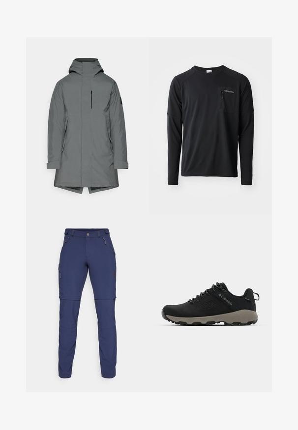 Jack Wolfskin BRANDENBURGER - Donsjas - slate green; Columbia COLUMBIA TECH™ LONG SLEEVE CREW - Longsleeve - black; Marine buitenbroek gemaakt van rekbaar materiaal, met ritszakken, verstelbare manchetten en een cargozak aan de zijkant.; Zwarte wandelschoen met een soepele bovenkant, geperforeerd ontwerp, grijze buitenzool en versterkte hiel. Voorzien van veters en een trekriem voor gemakkelijk aan- en uittrekken.