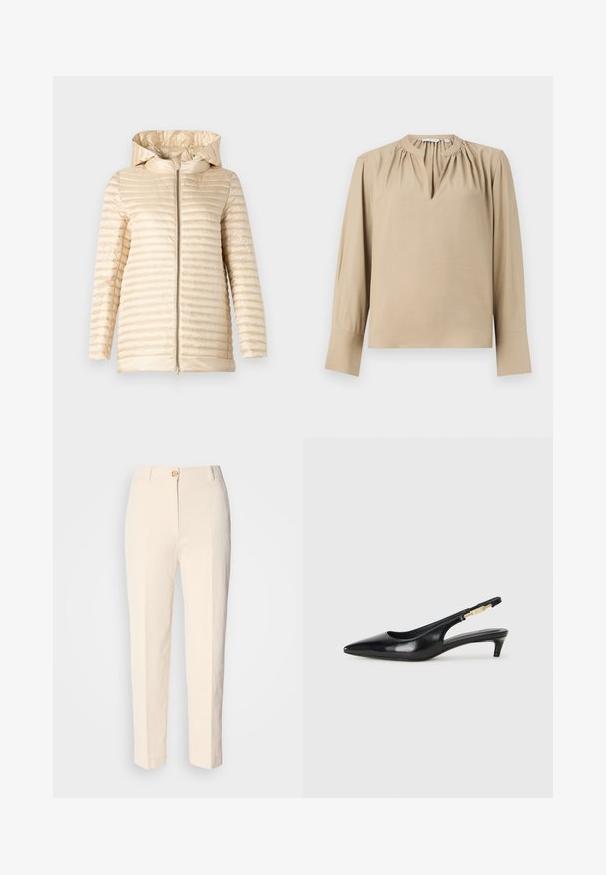 Polstret jakke i lys beige med hætte, med vandret quiltet struktur og en frontlynlås. Glat materiale og mellemlang design.; Beige langærmet bluse med nøglehulskrag, indsamlet detaljering ved skuldrene og lige pasform. Glat stof med afsluttede ærmer.; Cremefarvede, højtaljede bukser lavet af tekstureret stof. Har en lukning med knap foran og tætsiddende ben.; Sorte læder slingback hæle med spids tå, der har en slank hæl og en guldfarvet detalje på den justerbare rem. Glat tekstur.