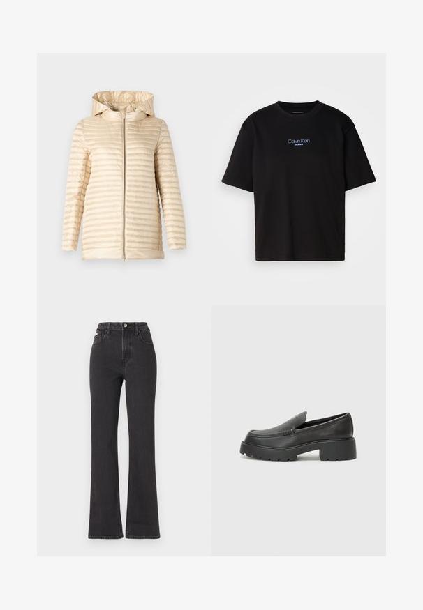 Veste rembourrée de couleur beige clair avec une capuche, présentant une texture matelassée horizontale et une fermeture éclair à l'avant. Matériau lisse et design mi-long.; T-shirt en coton noir avec un col rond, des manches courtes et un logo brodé bleu "Calvin Klein JEANS" sur le devant.; Jean noir taille haute évasé en denim, avec fermeture à bouton, passants de ceinture et poches latérales. Texture lisse avec un minimum de décoloration.; Mocassins en cuir noir avec un bout arrondi, une semelle épaisse et texturée, et des détails de couture minimalistes. Design épuré sans lacets ni métal visibles.