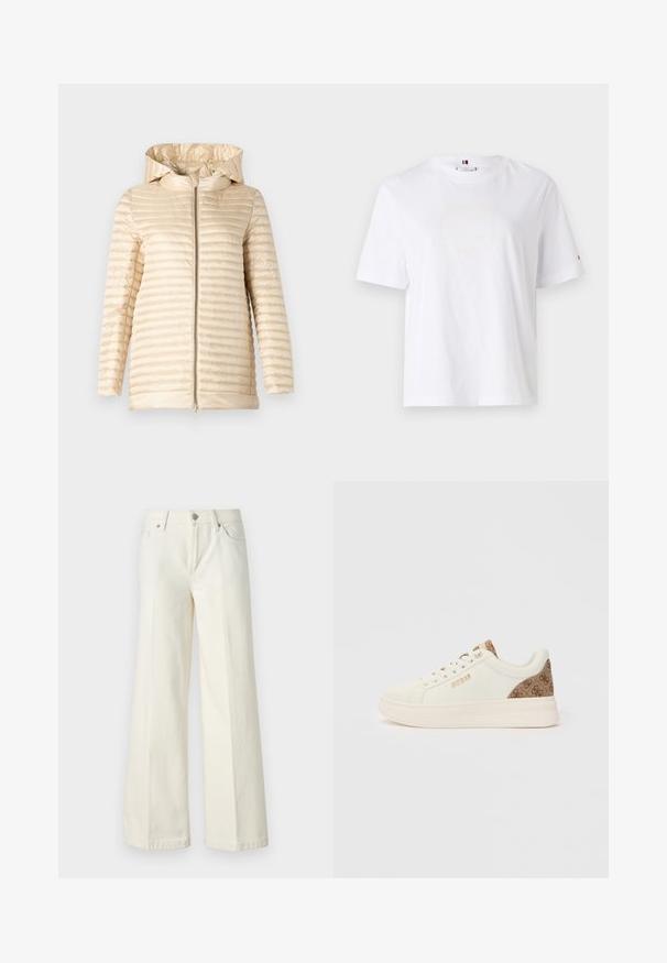 Padded jacket v svetlej béžovej farbe s kapucňou, so horizontálnou prešívanou textúrou a predným zipsom. Hladký materiál a stredná dĺžka.; Biely bavlnený tričko s okrúhlym výstrihom, krátkymi rukávmi a jemným žltým logom s nápisom "HILFIGER NEW YORK 1985." Štandardný strih.; Biele džínsy s širokými nohavicami vyrobené z bavlnenej zmesi. Majú zips, päť vreciek a švy so zafarbením.; Nízkopriemerné biele tenisky s béžovým vzorovaným opätkom a jazýčkom, zlatým logom "GUESS" na boku a bielymi šnúrkami na bielom pozadí.