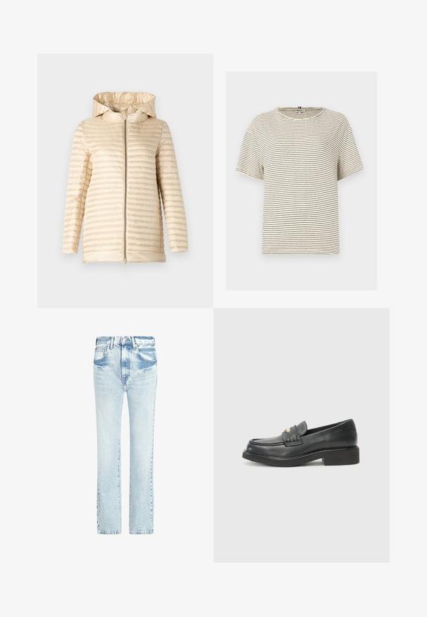 Gewatteerde jas in lichtbeige met capuchon, voorzien van horizontale gestikte textuur en een ritssluiting aan de voorkant. Glad materiaal en een middellange uitvoering.; Gestreepte, korte mouwen T-shirt in crème met zwarte horizontale strepen. Heeft een ronde hals en een ontspannen pasvorm. Gemaakt van zachte stof.; Lichtblauwe denim jeans met een recht model, vijf zakken en een vervaagde textuur. Kenmerkt zich door zichtbare stiksels en een klassieke knoopsluiting.; Zwarte leren loafers met een geweven accent op de wreef, een gouden logo-detail en een stevige zwarte rubberen zool. Gladde textuur met een lichte glans.