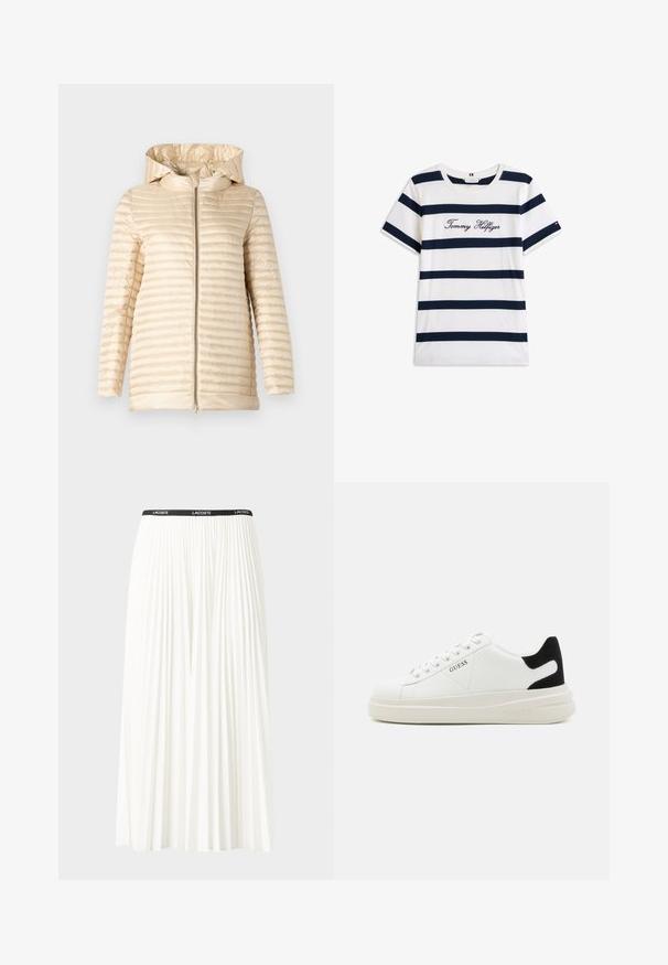 Zateplená bunda ve světle béžové barvě s kapucí, s horizontálně prošívanou texturou a předním zipem. Hladký materiál a střední délka.; Bavlněné tričko s horizontálními námořnickými pruhy na bílém pozadí. Na hrudi je výšivka "Tommy Hilfiger" v kurzívě. Kulatý výstřih.; Záhybová bílá sukně s černým elastickým pasem s logem "LACOSTE". Suška je střední délky a má jemnou texturu.; Bílé kožené tenisky s tlustou bílou podrážkou, černým semišovým akcentem na patě a vyraženým logem na boku. Šněrovací design se šesti očka.