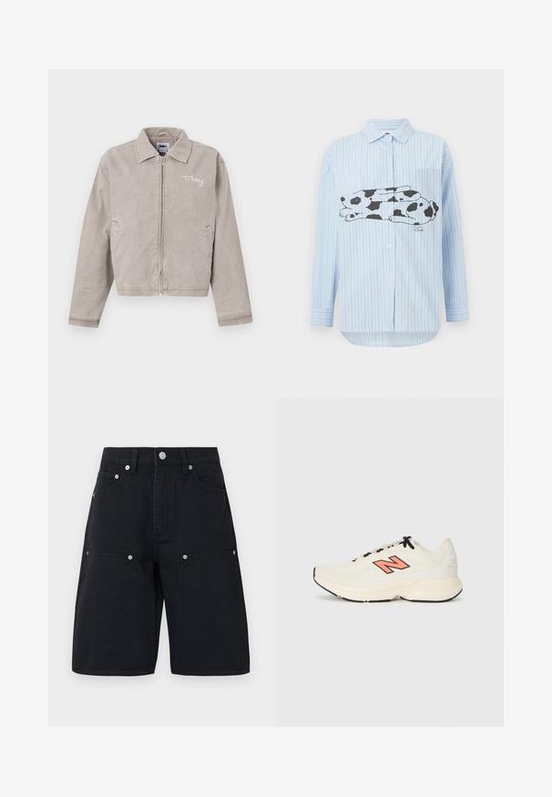 Pilkas trumpas džinsinis švarkas su apykakle, priekiniais užtrauktukais ir išsiuvinėtu logotipu ant krūtinės. Savybės - šoninės kišenės ir vientisas raštas.; Šviesiai mėlyna dryžuota ilgomis rankovėmis maršina su juodai balta grafika, vaizduojančia gulintį triušį priekyje. Mygtukų užsegimas ant apykaklės ir kišenės detalė.; Juodi džinsiniai šortai su tiesia kojų forma, turintys dvi priekinės kišenes ir sidabrinius akcentus. Audinys su tekstūra ir siuvinėjimo detalėmis.; Kreminiu atspalviu sportiniai kedai su juodais raišteliais, storu padu ir oranžiniu "N" logotipu šone, vaizduojami iš kairės profilio ant balto fono.