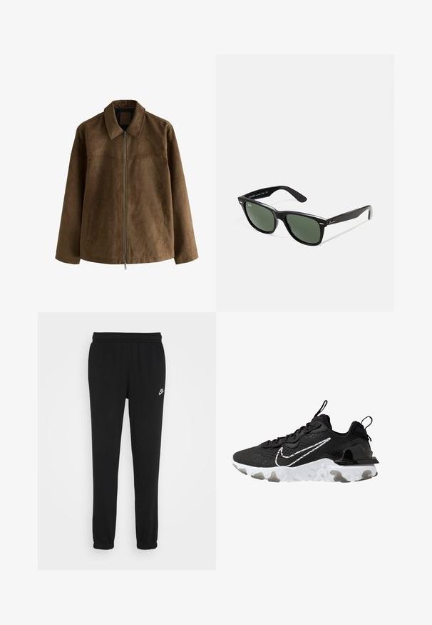 Braune Wildlederjacke mit langen Ärmeln, Frontreißverschluss, zwei Seitentaschen und spitzem Kragen.; Schwarzer Kapuzenpullover aus weichem Stoff, mit einer frontalen Kängurutasche, verstellbarem Kapuzenzug, gerippten Bündchen und einem kleinen weißen Nike-Logo auf der Brust.; Schwarze Jogginghose mit elastischem Bund, gerippten Knöcheln und einem kleinen weißen Nike-Logo auf der linken Seite. Hergestellt aus weichem Textilgewebe.; Schwarzer Sportschuh mit einem strukturierten Obermaterial aus Stoff, weißem Nike-Swoosh und dicker weißer Sohle. Verfügt über eine Zuglasche an der Ferse für einfaches An- und Ausziehen.; Schwarze Plastiksonnenbrille mit grünen Gläsern, quadratischen Rahmen, silbernem Akzent auf der Augenbraue und strukturierten Bügeln. Angegebene Marke auf dem inneren Bügel.