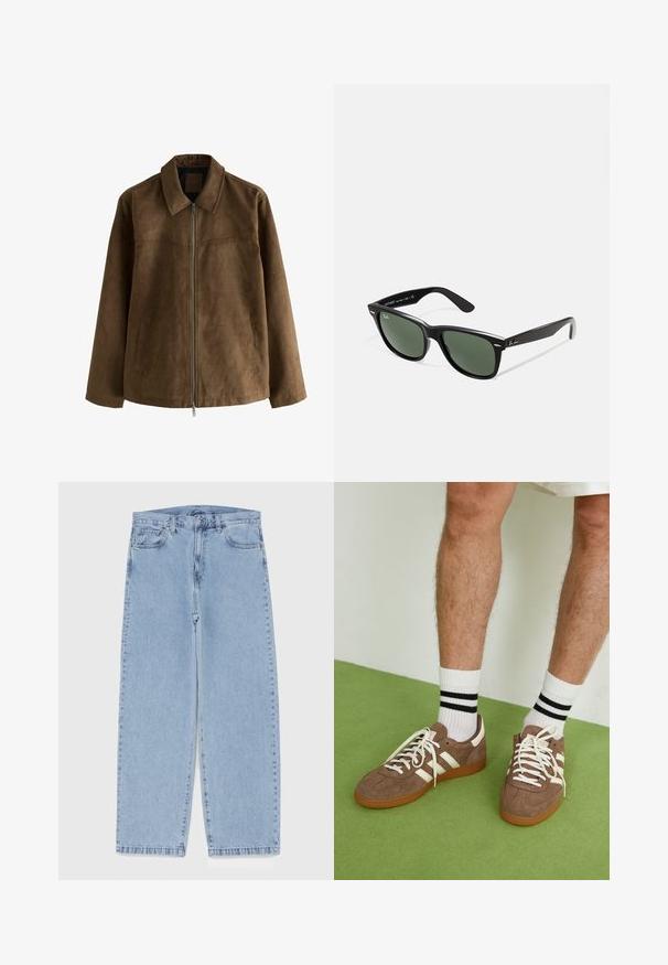 Brun mockaskinnjacka med långa ärmar, dragkedja framtill, två sidofickor och spetsig krage.; Svart långärmad skjorta i texturerat tyg; har en spetsig krage och knappstängning längs framsidan. Enkel design, inga mönster.; Ljusblå denimjeans med rak bendesign, midjehög midja, fem fickor samt knapp- och dragkedjestängning.; Bruna mockaskor med vita detaljer och snören. Gummisula i beige. Bärs med vita strumpor med svarta ränder. Grön strukturerad golvyta.; Svarta plastsolglasögon med gröna linser, fyrkantiga bågar, silverdetalj på ögonbrynet och texturerade skalmar. Angiven märkning på den inre skalmen.