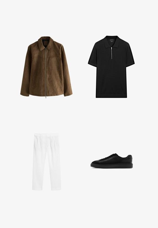 Giacca in suede marrone con maniche lunghe, chiusura frontale con zip, due tasche laterali e colletto a punta.; Polo shirt nero a maniche corte con colletto rialzato e zip frontale. Realizzato in un tessuto liscio con un design pulito e minimalista.; Pantaloni bianchi leggeri con una vestibilità rilassata. Caratterizzati da una vita elastica, fronte piatto e tasche laterali. Texture liscia, gambe dritte.; Sneaker in pelle nera con finitura liscia, punta rotonda, laccio frontale e linguetta testurizzata a contrasto. Suola in gomma nera spessa.