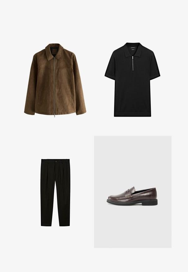 Hnědá semišová bunda s dlouhými rukávy, předním zipovým zapínáním, dvěma bočními kapsami a špičatým límcem.; Černé polo tričko s krátkým rukávem, stojatým límečkem a předním zipem. Vyrobeno z hladké tkaniny s čistým, minimalistickým designem.; Černé oblekové kalhoty vyrobené z hladké tkaniny. Mezi další vlastnosti patří rovný přední díl, široké nohavice a zapínání na knoflík v pase.; Hnědé kožené mokasíny s hladkým povrchem, které mají jemný prošitý detail na svršku a černou gumovou podrážku.