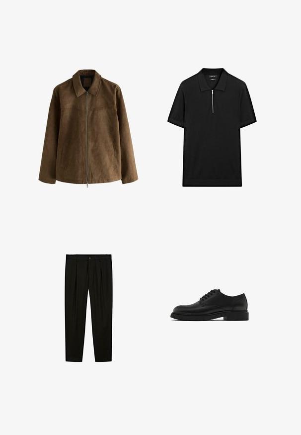 Hnědá semišová bunda s dlouhými rukávy, předním zipovým zapínáním, dvěma bočními kapsami a špičatým límcem.; Černé polo tričko s krátkým rukávem, stojatým límečkem a předním zipem. Vyrobeno z hladké tkaniny s čistým, minimalistickým designem.; Černé oblekové kalhoty vyrobené z hladké tkaniny. Mezi další vlastnosti patří rovný přední díl, široké nohavice a zapínání na knoflík v pase.; Černé kožené společenské boty s texturovaným povrchem, kulatou špičkou, pěti otvory na tkaničky a pevnou černou podrážkou. Jednoduchý, rovný design.