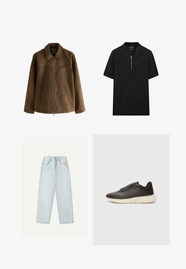 Brun mockaskinnjacka med långa ärmar, dragkedja framtill, två sidofickor och spetsig krage.; Svart kortärmad pikétröja med ståkrage och frontdragkedja. Tillverkad av ett mjukt tyg med en ren, minimalistisk design.; Ljust blå denimjeans med avslappnad passform, raka ben, femfickorsdesign och subtila blekningar på tyget.; Mörkbruna sneakers med ett texturerat läderövre, perforerade detaljer och en lätt krämfärgad sula. Har snören och subtil branding.