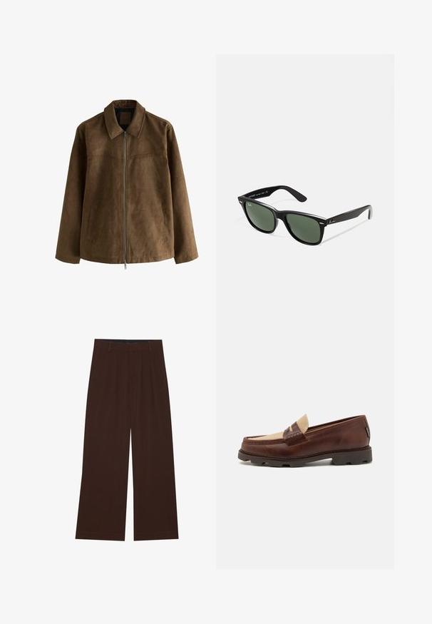 Giacca in suede marrone con maniche lunghe, chiusura frontale con zip, due tasche laterali e colletto a punta.; Canotta bianca in cotone con scollatura rotonda, spalline larghe e orlo dritto, caratterizzata da una superficie liscia e senza motivi visibili.; Pantaloni larghi marroni con pieghe. Realizzati in un tessuto liscio, presentano una vita sagomata e tasche laterali. Orlo piatto in fondo.; Mocassini in pelle marrone con accentuazione in tela taupe, dettaglio cucito e suola in gomma testurizzata progettata per comfort e durata.; Occhiali da sole in plastica nera con lenti verdi, montatura quadrata, dettaglio argento sulla parte superiore e steli con texture. Marchio indicato sulla parte interna dello stelo.