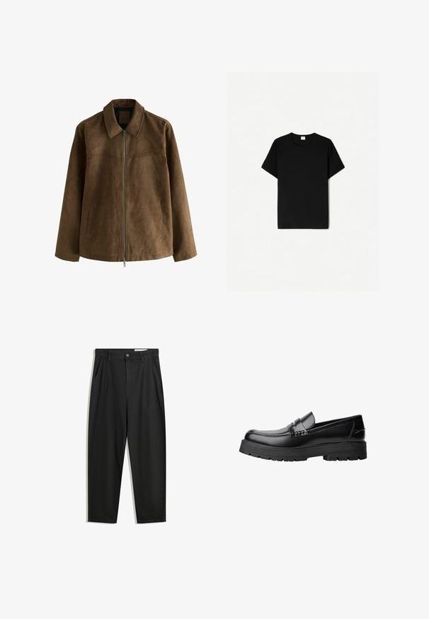 Barna velúr kabát hosszú ujjakkal, elülső cipzáras záródással, két oldalsó zsebbel és hegyes gallérral.; Fekete, rövidujjú póló, kerek nyakkivágással, puha pamut anyagból készült, sima textúrával és látható minták vagy díszítések nélkül.; Fekete pamut nadrág laza szabással, klasszikus derékrésszel, elülső hajtásokkal és oldalsó zsebekkel. Simább textúra minta nélkül.; Fekete bőr loaferek vastag, bordázott talppal és díszcsíkkal az upper rész felett, bal oldali profilmódban, fehér háttér előtt.