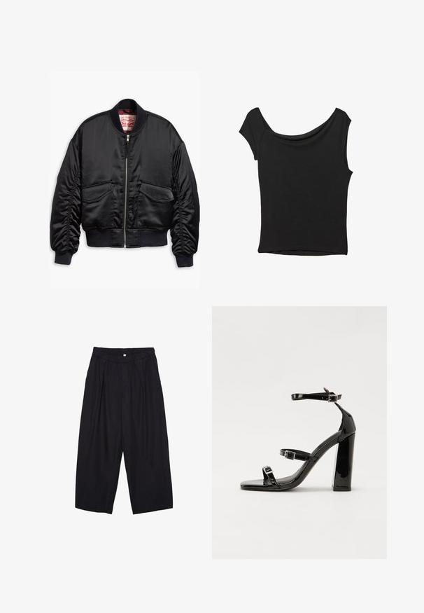 Čierna bomber bunda vyrobená z hladkej tkaniny, s predným zipsom, rebrovanými manžetami a dvoma náprsnými vreckami s elastickým lemom.; Čierny krátky rukáv top vyrobený z hladkej tkaniny; má prehnutý výstrih a asymetrický lem, s priliehavým telom.; Čierne polyesterové culotte nohavice s elastickým pásom, dvoma prednými záhybmi a voľným strihom. Žiadne viditeľné vzory ani detaily z kovu.; Čierne lakované sandále na podpätku so štvorcovou špičkou, navlečenými remienkami okolo členku a striebornými prackami. Disponujú masívnym blokovým podpätkom pre stabilitu.