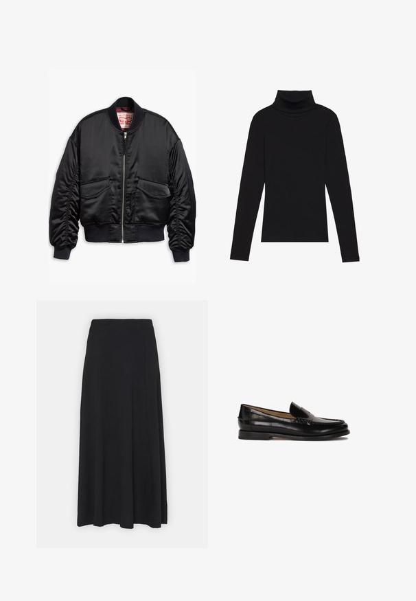 Černá bomber bunda vyrobená z hladkého materiálu, se zipem vpředu, žebrovanými manžetami a dvěma náprsními kapsami s elastickým lemem.; Černý rolák s dlouhým rukávem, vyrobený z žebrované látky, má upnutý střih s vysokým výstřihem a žádné vzory ani akcenty.; Maxi sukně v jednobarevné černé. Rozšířený střih s hladkou texturou a elastickým pasem. Žádné viditelné vzory ani akcenty.; Černé kožené mokasíny s kulatou špičkou, jednoduchým designem na obouvání a diskrétními prošívanými detaily na svršku. Plochá gumová podrážka.