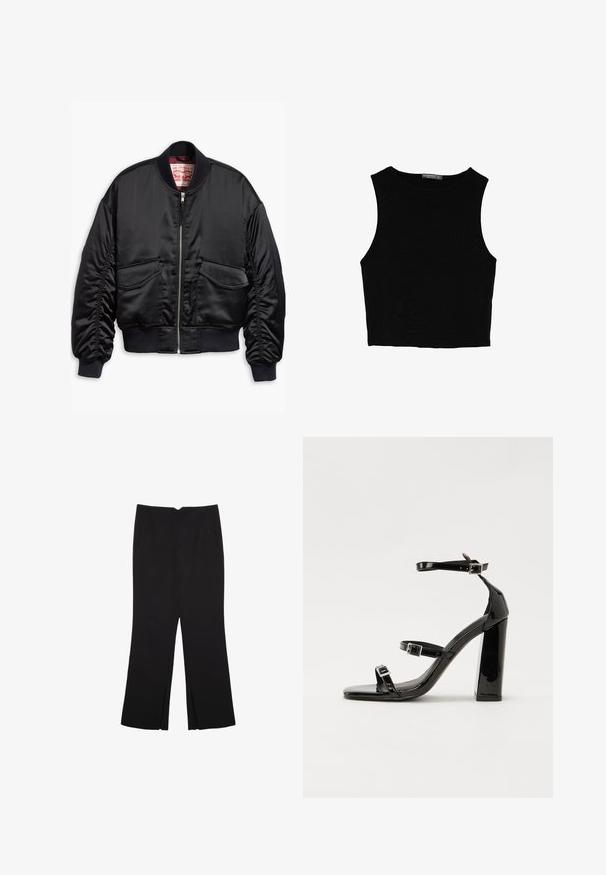 Schwarze Bomberjacke aus glattem Stoff, mit einem Frontreißverschluss, gerippten Bündchen und zwei aufgesetzten Taschen mit einem elastischen Saum.; Schwarzes ärmelloses Crop-Top aus glattem Stoff, mit rundem Ausschnitt und einem klaren, schlichten Design ohne Muster oder Beschläge.; Schwarze Hose mit geradem Schnitt, ausgestattet mit Fronttaschen und Seitenschlitzen am Saum. Hergestellt aus weichem, glattem Stoff. Geeignet für verschiedene Anlässe.; Schwarze patentierte Sandalen mit Absatz, quadratischer Spitze, Knöchelriemen und silbernen Schnallen. Mit einem stabilen Blockabsatz für mehr Stabilität.