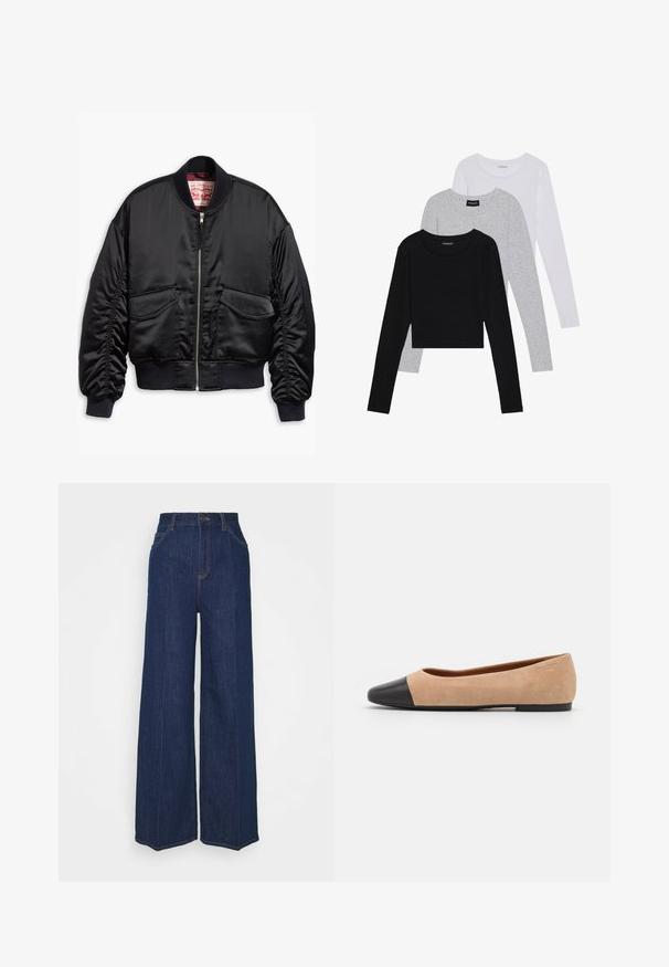 Zwarte bomberjack van soepel materiaal, met een rits aan de voorkant, geribbelde manchetten en twee opgestikte zakken met een elastische zoom.; Drie langmouwige tops gestapeld: zwart, grijs en wit. Elke top heeft een ronde halslijn en een cropped ontwerp van soepel, lichtgewicht materiaal.; Hoge taille wijdvallende donkerblauwe denim jeans met voor- en achterzakken, knoopsluiting en zichtbare stikseldetails.; Beige suède ballet flats met een zwarte leren ronde neuskap, lage hak en een gladde textuur, met minimale stiksels en een schone uitstraling.