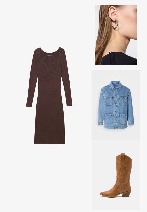 Jachetă din denim de un albastru deschis, cu închidere tip nasture în față, două buzunare pe piept și două buzunare mari în față. Prezintă cusături întărite și o croială lejeră.; Rochie lungă, cu mâneci lungi, de culoare maro, cu decolteu rotund și siluetă ajustată. Include un detaliu de cusătură în formă de V pe corp.; Botă de cowboy din piele maro cu vârf ascuțit, cu modele brodate în spirală pe tambur și un toc bloc stratificat. Are o bucată pentru prindere pentru a fi îmbrăcată ușor.; Cercel din argint cu un finisaj polișat, având detalii mici din aur și o formă rotundă, purtat pe lobul urechii.