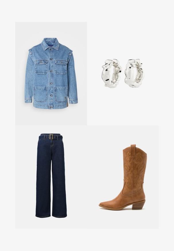 Svijetloplavi traper jakna s dugmadi sprijeda, dva džepa na prsima i dva velika prednja džepa. Ima pojačano šivanje i ležeran kroj.; Košulja s dugim rukavima ukrašena vertikalnim prugama u nijansama plave, crne i bijele boje. Izrađena od glatkog materijala, s klasičnom kragnom i zatvaranjem na gumbe.; Tamno plave široke traperice s ušivenim džepovima i odgovarajućim remenom sa velikom pravokutnom zlatnom kopčom.; Smeđe kožne kaubojke s oštrim nosom, izvezenim spiralnim uzorcima na gornjem dijelu i blok petom. Imaju potporu za lakše obuvanje.; Srebrne naušnice u obliku obruča s teksturiranim, nepravilnim dizajnom. Površina je reflektirajuća, prikazujući zakrivljenosti i konture. Unutarnji prostor je šuplji.