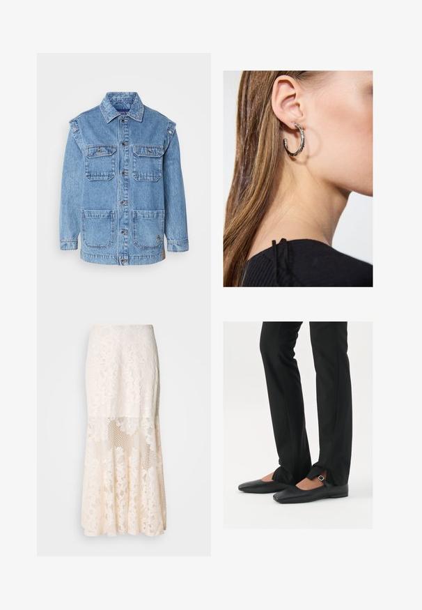 Šviesiai mėlyna džinsinė striukė su mygtukų užsegimu, dviem krūtinės kišenėmis ir dviem didelėmis priekine kišenėmis. Pasižymi sustiprinta siuvimo technologija ir laisvu siluetu.; Juodas tanktopas, pagamintas iš minkštos, elastingos medžiagos. Jame yra apykaklės forma ir plačios petnešos, su prigludusia siluetu ir lygiu paviršiumi.; Gėlėta nėriniuota midi sijonas kreminės spalvos; turi sluoksniuotą dizainą su permatomomis dalimis, tekstūruotais nėriniais ir išplatėjusia apatine dalimi.; Juodų odinių balerinų batų su smailiu priekiu, juostele su sidabro sagtimi, derinami su juodomis pritaikytomis kelnėmis, turinčiomis plyšinį hemą.; Sidabrinė lankinė auskarai su poliruotu paviršiumi, turintys mažus auksinius akcentus ir apvalią formą, dėvimi ant ausies kaušelio.