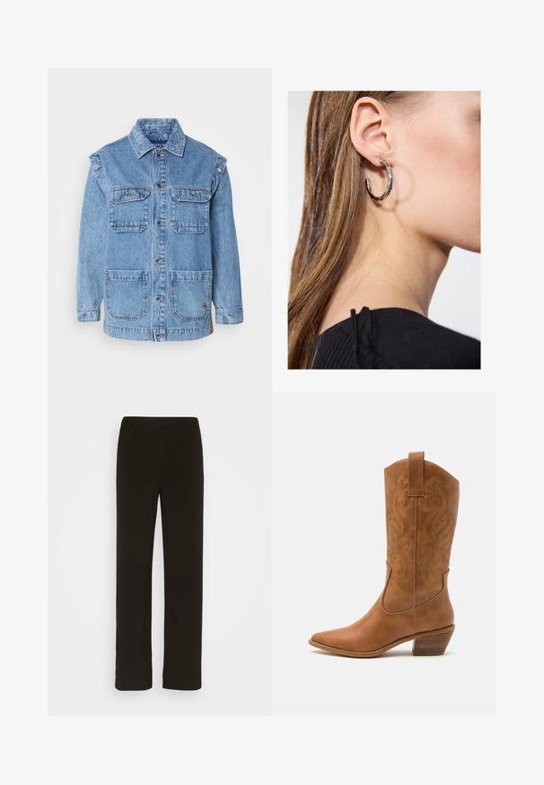 Light blue denim jacket with a button-up front, two chest pockets, and two large front pockets. Features reinforced stitching and a casual fit.; Black tank top made from soft, stretchy fabric. Features a round neckline and wide shoulder straps, with a fitted silhouette and smooth texture.; Black, straight-leg trousers made of woven fabric, featuring a flat front, two side pockets, and a smooth texture. No visible patterns or accents.; Tan leather cowboy boot with pointed toe, embroidered swirl patterns on shaft, and a stacked block heel. Features a pull tab for easy wear.; Silver hoop earring with a polished finish, featuring small gold accent details and a round shape, worn on the lobe.