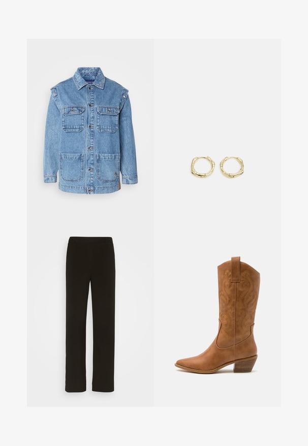 Lyseblå denimjakke med knaplukning på fronten, to brystlommer og to store lommer foran. Har forstærkede syninger og en afslappet pasform.; Sort tanktop lavet af blødt, strækbart materiale. Har en rund halsudskæring og brede stropper, med en tætsiddende silhuet og glat tekstur.; Sorte, lige bukser lavet af vævet stof, med flad front, to sidelommer og en glat tekstur. Ingen synlige mønstre eller accenter.; Tan læder cowboystøvle med spids tå, broderede svirvelmønstre på skaftet og en stablet blokhæl. Har en træksløjfe for nem af/på.; Gul hoop ørestikker med en struktureret, uregelmæssig form. Har en sømløs lukning og en poleret overfladefinish, der fremhæver et moderne design.