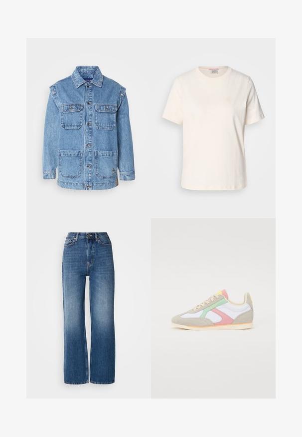 Lys blå jeansjakke med knappelukking, to brystlommer og to store frontlommer. Har forsterket søm og en avslappet passform.; Kremfarget bomull T-skjorte med korte ermer, rund hals og subtilt hevet logo detalj på forsiden. Glatt tekstur, avslappet passform.; Høytlivde, vide ben, blå denimjeans med gradientvask, kobbersting, frontlukking med knapp og fem lommer.; Sko med en blanding av grå mocka, hvite og pastellfarger i rosa og mint. Rund tådesign med myk fôr og beige såle.
