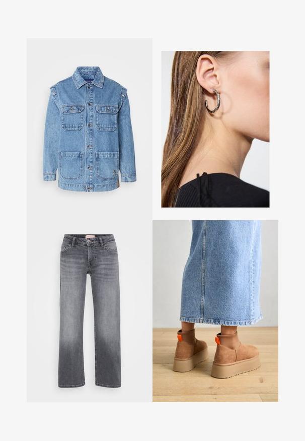 Svetlomodrá džínsová bunda s predným zapínaním na gombíky, dvoma vreckami na hrudi a dvoma veľkými prednými vreckami. Má zosilnené švy a voľný strih.; Even&Odd Petite 2 PACK - Top - light grey/black; Sivé džínsy s rovnými legami, pätkový strih, jemné vyblednutie a gombíkový uzáver v páse.; Hnedé zamskové platformové čižmy s elastickými bočnými panelmi a oranžovými ťahákmi, v kombinácii s sukňou z ľahkého denimu po kolená, na drevenej podlahe.; Strieborná kruhová náušnica s lesklým povrchom, obsahujúca malé zlaté akcenty a okrúhly tvar, nosená na lalôčiku ucha.