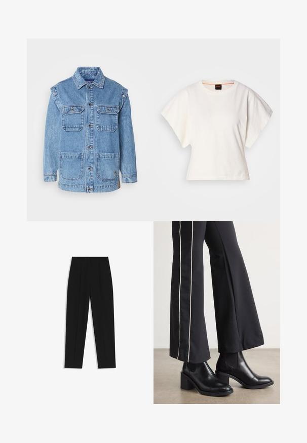 Light blue denim jacket with a button-up front, two chest pockets, and two large front pockets. Features reinforced stitching and a casual fit.; White cropped T-shirt, short wide sleeves, soft cotton material, round neckline with subtle orange trim, minimal design, no patterns or graphics.; Black trousers with a straight fit, featuring double pleats, a smooth texture, and a classic waistband design. No visible hardware or accents.; Black leather ankle boots with a block heel, featuring elastic side panels. Paired with black pants that have a white side stripe.