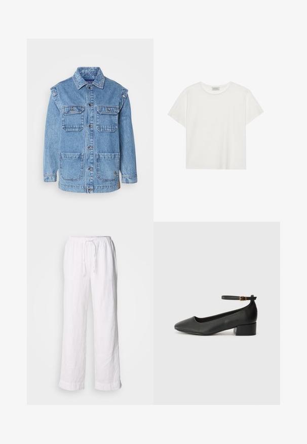 Lys blå jeansjakke med knappelukking, to brystlommer og to store frontlommer. Har forsterket søm og en avslappet passform.; Hvit T-skjorte med kort erm laget av myk bomull. Har rund hals og avslappet passform. Rent design uten synlige mønstre eller aksenter.; Hvite linbukser med en avslappet passform, elastisk midje og snor. Har rette ben og rullede kanter for et uformelt utseende.; Sorte skinnpumper med spiss tå og lav blokkhelt. Har ankelrem med gullfarget spenne. Glatt tekstur.