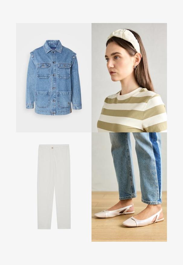 Lyseblå denimjakke med knaplukning på fronten, to brystlommer og to store lommer foran. Har forstærkede syninger og en afslappet pasform.; Hvid kortærmet T-shirt lavet af blødt bomuld. Har en rund halsudskæring og en afslappet pasform. Rent design uden synlige mønstre eller accenter.; Hvide, skrædderlavede bukser med lige ben design, udstyret med knaplukning, bæltesløjfer og sidelommer; glat stoftekstur.; Lyserøde slingback flade sko med spidse tær, lavet af et glat læderlignende materiale. Har udskæringsdetaljer på siderne og en flad hæl.; Cremefarvet, polstret pandebånd med snoet design, parret med en beige og hvid stribet skjorte med rund hals. diskrete smykke accenter.
