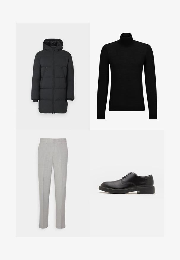 Melna pūka jaka ar kapuci, vertikālām šuvēm, divām ar rāvējslēdzējiem aizveramām sānu kabatām un ribinātām aprocēm. Gluda auduma struktūra ar spīdīgu apdari.; Melnā augstā kakla džemperis, kas izgatavots no mīksta materiāla, ar garām piedurknēm un pieguļušu piegriezumu. Ribota apdare ap apakšu un piedurknēm. Vienkāršs dizains.; Gai pelēki bikses ar gludu tekstūru, plakanu priekšpusi un taisnām kājām. Izgatavotas no elpojoša auduma, ar iekšējām kabatām un jostu cilpām.; Melna āda sašūta kurpe ar noapaļotu purngalu, gludu tekstūru, minimālu šuvju skaitu un zemu gumijas papēdi. Logo uz papēža.