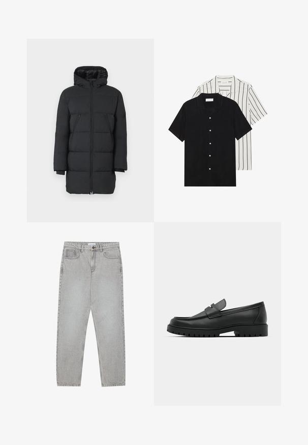 Schwarze Puffy-Jacke mit Kapuze, vertikalen Nähten, zwei Reißverschluss-Seitentaschen und gerippten Bündchen. Glattes Material mit glänzendem Finish.; Zwei kurzärmelige Hemden: eines ganz schwarz, das andere weiß mit schwarzen vertikalen Streifen. Beide verfügen über Knopfverschlüsse und einen klassischen Kragen.; Helle graue Jeanshose mit gerade geschnittenem Design, Fünf-Taschen-Stil und Knopfverschluss. Sichtbare Nähte entlang der Seitennähte.; Schwarze Lederloafer mit runder Zehenform, ausgestattet mit einem gesteppten Design, niedrigem Plattformsohle und einer strukturierten, genoppten Gummisohle.