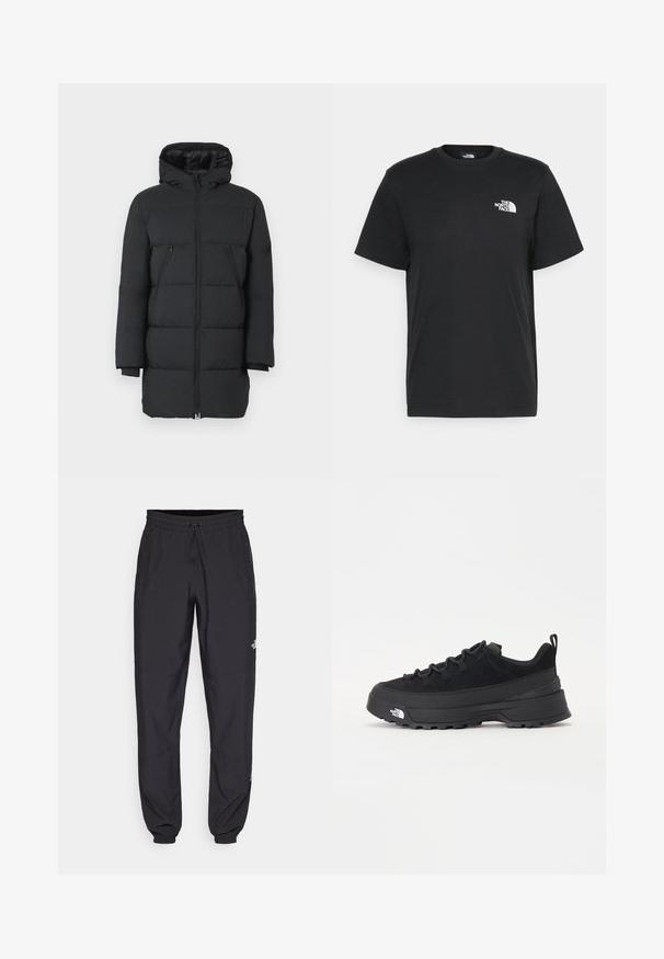 Jachetă puffer neagră cu glugă, cusături verticale, două buzunare laterale cu fermoar și manșete cordonate. Material neted cu un finisaj lucios.; Tricou negru din bumbac, cu mâneci scurte, guler rotund și un mic logo alb pe pieptul stâng. Design simplu, textură netedă și croială lejeră.; Pantaloni atletici negri, confecționați dintr-un material ușor, cu un tiv elastic la talie, buzunare laterale și tivuri ajustate la gleznă.; Tenisi de exterior negri cu superior din daim, talpă din cauciuc texturat și sistem de șireturi solid. Prezintă un călcâi întărit și un logo al mărcii pe lateral.