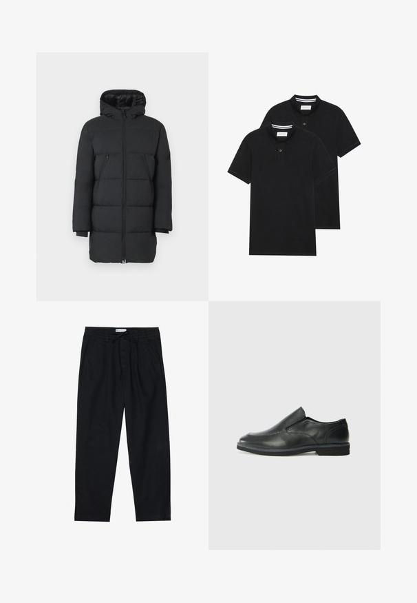 Svart pufferjakke med hette, vertikal søm, to glidelås-lommer på sidene og ribbestrikkede mansjetter. Glatt stoff med en blank overflate.; To svarte polo skjorter, kortermet, i bomullsmateriale, med krage i klassisk stil, to-knapps knappestolpe, og hvite striper inni kragen.; Pier One Chinos - black; Sorte skinn slip-on sko med en jevn overflate, stikking detaljer, rund tå og en lav gummihæl. Sålen har minimal mønstring.