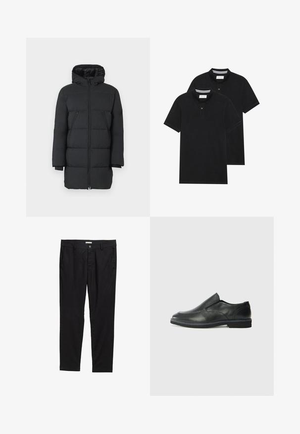 Fekete pufi dzseki kapucnival, függőleges varrással, két cipzáras oldalsó zsebbel és bordás mandzsettával. Sima anyag, fényes felülettel.; Két fekete pólóing, rövid ujjú, pamut anyagból készült, klasszikus gallérral, két gombos gombolással, és fehér csíkos díszítéssel a gallér belső részén.; Fekete nadrág sima anyagból, gombos záródással, két elülső zsebből és testhez simuló szabásból áll.; Fekete bőr, slip-on cipő sima felsőrésszel, varrott díszítéssel, lekerekített orral és alacsony gumitalppal. A talpa minimális bordázattal rendelkezik.