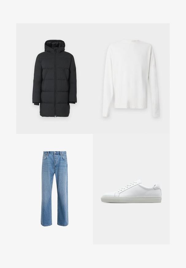 Chaqueta acolchada negra con capucha, costuras verticales, dos bolsillos laterales con cremallera y puños acanalados. Tela suave con un acabado brillante.; Camisa de algodón blanca de manga larga con cuello redondo, aberturas laterales en la parte inferior y una textura suave, exhibida desde la parte de atrás.; Jeans de mezclilla azul claro con un diseño de pierna recta, cinco bolsillos, cierre de botón, ligeramente desgastados y detalles de costura en contraste.; Zapatilla blanca con parte superior de cuero liso y perfil bajo. Presenta una puntera redondeada, seis ojales y una suela de goma texturizada.