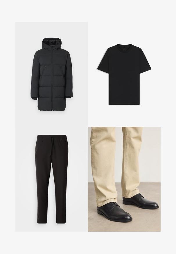 Giacca a vento nera con cappuccio, cuciture verticali, due tasche laterali con zip e polsini a costine. Tessuto liscio con finitura lucida.; Maglietta nera a maniche corte realizzata in un morbido misto cotone, con scollatura a girocollo e un design minimalista senza motivi o dettagli.; Pantaloni jogger neri realizzati in tessuto liscio. Presentano una vita elasticizzata con stringa, gambe affusolate e senza tasche visibili. Design semplice.; Scarpe stringate in pelle nera con punta arrotondata, finitura liscia e dettagli di cucitura sottili, indossate con pantaloni beige chiaro.