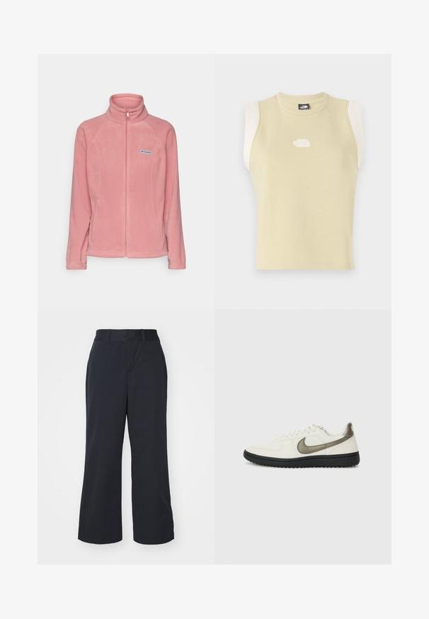 Columbia BENTON SPRINGS™ FULL ZIP - Fleecová bunda - pink agave; Bezramenný top v pastelově žluté bavlně s kulatým výstřihem. Obsahuje kontrastní krémové ramenní panely a texturované logo na hrudi.; Černé kalhoty s širokými nohavicemi a hladkým textilním povrchem, se standardním pasem a bočními kapsami. Minimalistický design, bez viditelných vzorů.; Nike Sportswear FIELD GENERAL - Tenisky - off-white/black