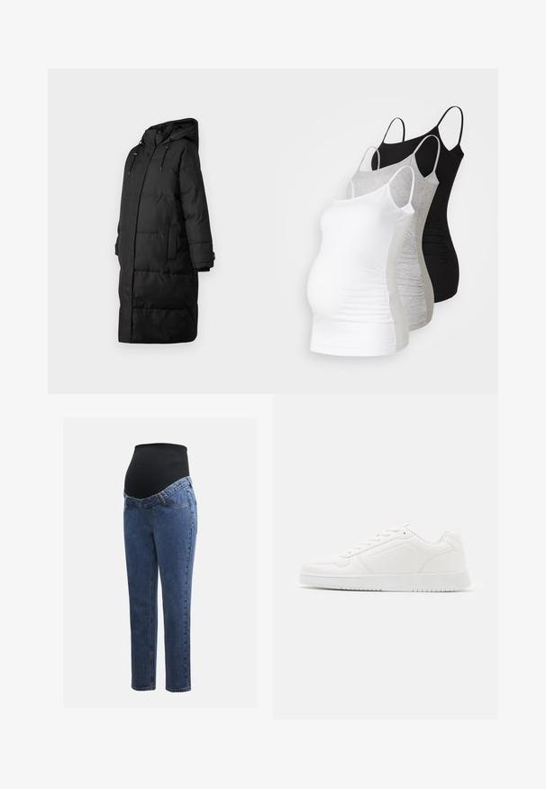 Melna pūkaina jaka ar kapuci, priekšējiem kabatām un garu siluetu. Izgatavota no gludas auduma ar mīkstu tekstūru un slēptu rāvējslēdzēju.; Trīs grūtniecības tērpi bez piedurknēm baltā, pelēkā un melnā krāsā. Elastīgs audums ar regulējamiem tievajiem plecu siksniņām un savilktām sānu šuvēm komfortam.; Māmiņu džinsi ar zilu denima kājām un melnu elastīgu vēdera paneli, kas izstrādāts, lai atbalstītu un nosegtu augošu vēderu.; Balti sporta apavi, izgatavoti no gludas sintētiskās materiāla, ar apaļu purngali, auklu slēgšanu, plakanu zoli un smalkiem perforētiem detalizējumiem.