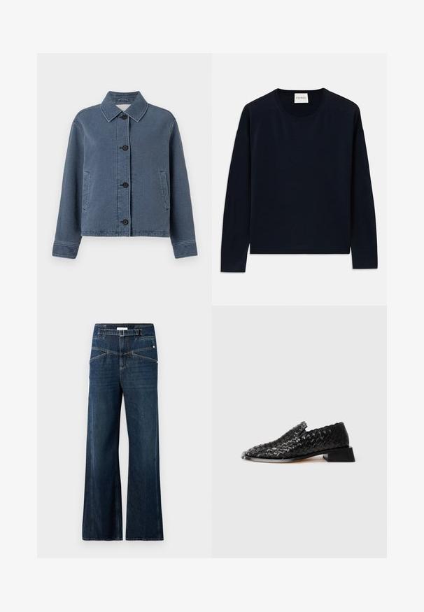 Blauwe denimjack met textuur, voorzien van een colbertkraag, knoopsluiting aan de voorkant, twee zijzakken en geribbelde manchetten.; Maritime langermige crewneck top van zachte, gladde stof met een relaxte pasvorm. Kenmerken zijn ribgebreide manchetten en zoom, en een label bij de hals.; Wijdue jeans van donkerblauwe denim, met een hoge tailleband, twee voorzakken en contrasterende stiksel details.; Zwarte leren geweven instapschoen met lage blokhak en geschulpte randafwerking, weergegeven op een witte achtergrond.