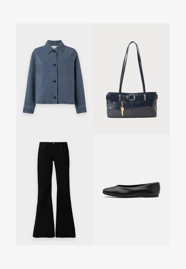 Blue textured denim jacket with a collared neckline, front button closure, two side pockets, and ribbed cuffs.; Button-up shirt in navy and white stripes, long sleeves, single chest pocket, and a classic collar, crafted from lightweight fabric.; Black flared jeans made from denim, featuring a classic five-pocket design, button closure, and subtle stitching details along the seams.; Paul Smith TOPANGA - Ballet pumps - black; Navy leather handbag with two long handles, a buckle detail, and a keychain attached. Features a smooth texture and a rectangular shape.