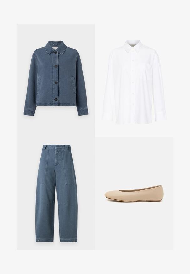 Giacca in denim blu con texture, colletto, chiusura frontale con bottoni, due tasche laterali e polsini a costine.; Camicia bianca a maniche lunghe con colletto in cotone. Caratterizzata da una chiusura con bottoni e una tasca sul petto singola. Tessuto liscio, vestibilità comoda.; Pantaloni in denim a gamba larga di una tonalità blu chiaro, con superficie testurizzata, due tasche frontali e cuciture resistenti all'orlo.; Ballerine in pelle beige con punta arrotondata, dettagli di cucitura minimi, tacco basso e logo discreto sul retro. Texture liscia e opaca.