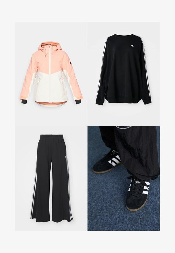 Women's winter jacket in light peach and white, featuring a hood, zip closure, adjustable cuffs, and side pockets. Smooth, water-resistant fabric.; Black oversized sweatshirt in soft fabric, featuring white stripes along the sleeves and a small logo on the chest. Round neckline.; Black wide-leg sweatpants with an elastic waistband, featuring white side stripes and an embroidered logo on the left thigh.; Black suede athletic shoes with three white stripes and black laces. A textured black pant is partially visible beside the shoes.