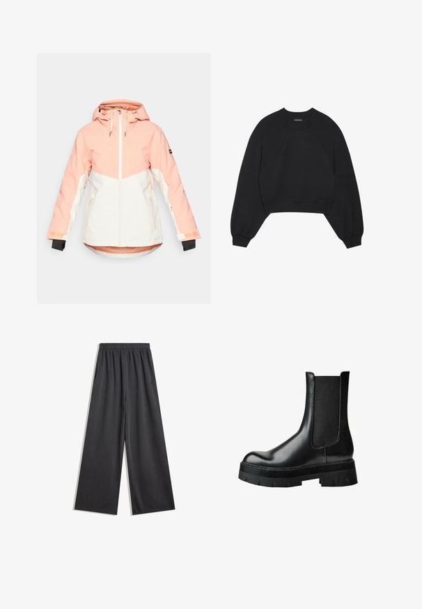 Zimní dámská bunda v světle broskvové a bílé barvě, vybavená kapucí, zipovým uzavíráním, nastavitelnými manžetami a bočními kapsami. Hladká, voděodolná tkanina.; Černá zkrácená mikina vyrobená z měkké tkaniny, která má dlouhé raglánové rukávy, kulatý výstřih a pružné manžety. Bez výrazných vzorů nebo kovových doplňků.; Černé široké kalhoty vyrobené z měkké tkaniny, s elastickým pasem a bočními kapsami. Hladká textura bez viditelných vzorů nebo akcentů.; Černá kožená kotníková bota s elastickým bočním panelem, kulatou špičkou, masivní platformovou podrážkou a strukturovaným svrškem pro lepší přilnavost.