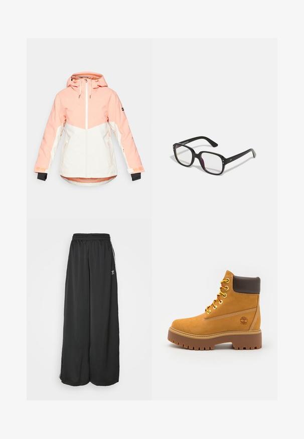 Giacca da donna invernale color pesco chiaro e bianco, dotata di cappuccio, chiusura con zip, polsini regolabili e tasche laterali. Tessuto liscio e resistente all'acqua.; Camicia bianca con bottoni, a maniche lunghe, con colletto classico, vestibilità strutturata e sottili cuciture verticali per un tocco di dettaglio.; Pantaloni da jogging neri, morbidi e larghi, realizzati in tessuto liscio. Presentano una vita elasticizzata e strisce laterali con accenti di logo.; Stivale alla caviglia impermeabile color beige con suola in gomma robusta, punta rotonda, colletto in pelle marrone, lacci gialli e un logo sul lato.; Occhiali neri rettangolari con lenti trasparenti, caratterizzati da bordi arrotondati e dettagli laterali, con una finitura lucida sulla montatura e sulle astine.
